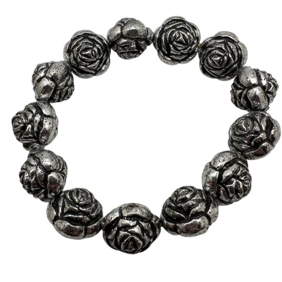 Coquette Rose Antiqued Silver Bead Bracelet Acrylic Flower Floral Granny Sweet - Picture 2 of 4